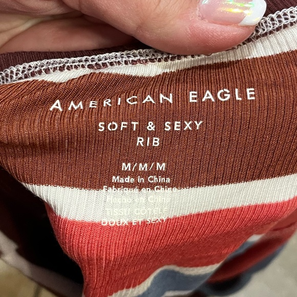 AMERICAN EAGLE blue & brown striped strapless top - Picture 2 of 3